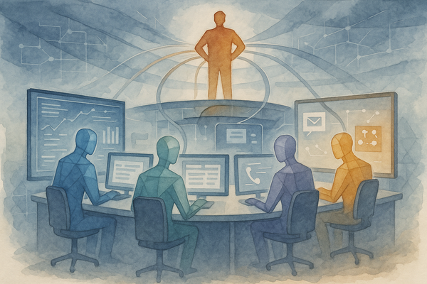 Watercolor of four translucent AI figures at workstations in a command center, with a warm-toned human overseeing them from above, connected by flowing lines in a digital network motif.
