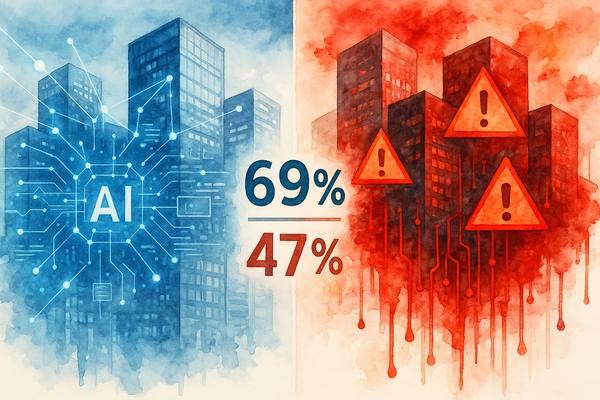 Watercolor image split in half: left side shows blue-toned smart buildings with glowing AI circuits and “69%”; right side shows red buildings leaking data with warning signs and “47%” below.