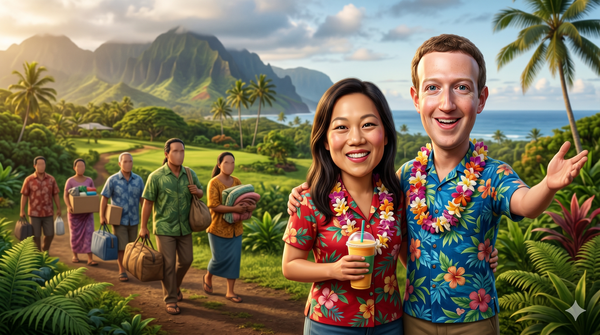 Uncanny Zuckerberg and Chan on a lush Hawaiian estate. Faceless Native Hawaiians carrying belongings are displaced in the background.