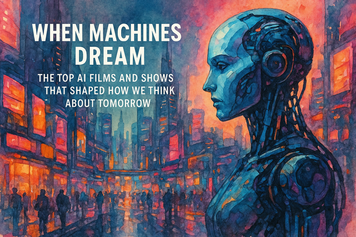 Watercolor cyberpunk cityscape with a glowing humanoid robot in the foreground, evoking themes of AI and futuristic storytelling.