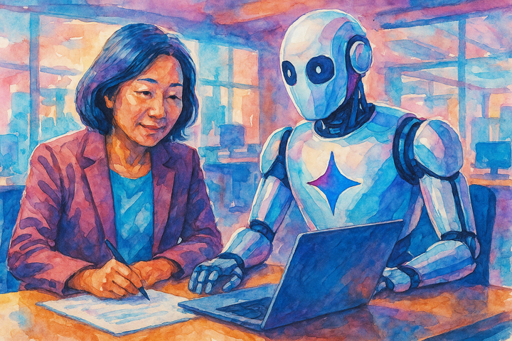 A middle-aged Asian woman collaborates with a humanoid AI robot bearing the Google Gemini logo on its chest in a vibrant, cyberpunk-colored office setting.