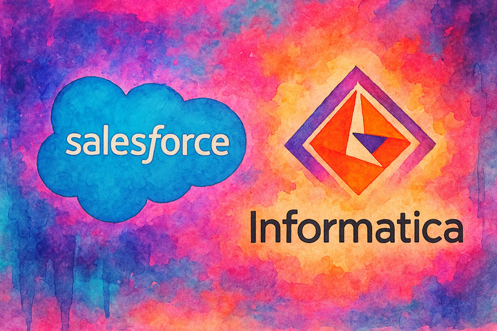 Watercolor image with Salesforce and Informatica logos side by side on a vibrant cyberpunk background of blended pink, blue, and orange tones.