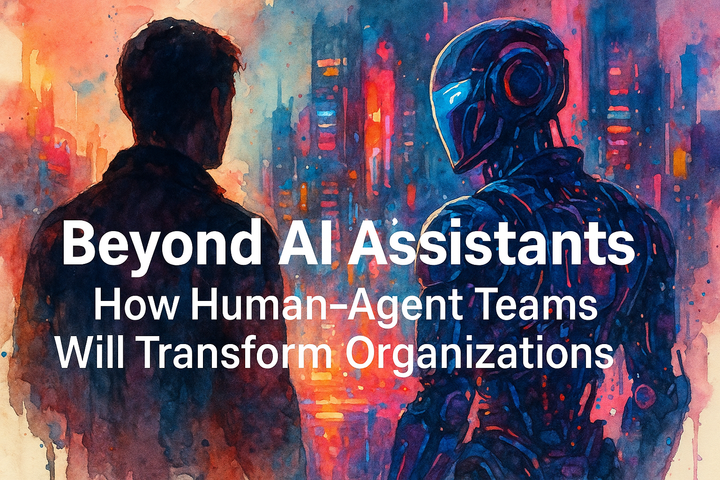 Watercolor-style illustration of a human and a robot facing each other in a neon-lit cityscape, symbolizing collaboration between people and AI agents.