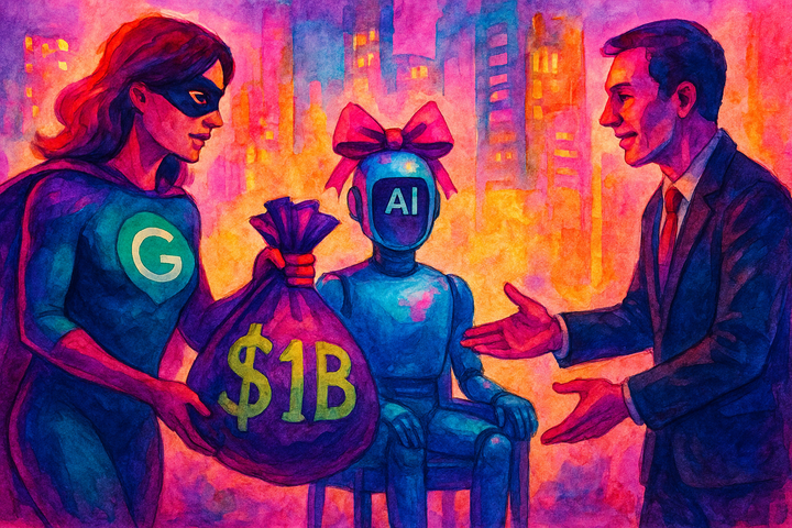 A superhero woman with a “G” logo hands a $1B bag to a businessman, while a bow-topped AI robot sits between them in a glowing cyberpunk city scene.