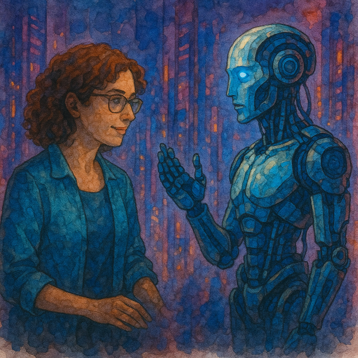A watercolor illustration of a woman and a humanoid robot facing each other in a neon-lit cyberpunk cityscape, appearing engaged in thoughtful, collaborative conversation.