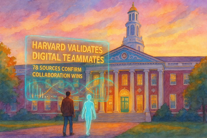 Watercolor painting of Harvard Business School’s Baker Library at golden hour with a human and glowing AI figure approaching under a banner reading “Harvard Validates Digital Teammates.”