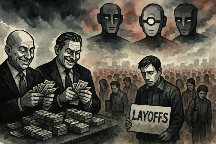 Billionaires count cash as laid-off tech workers mourn; towering AI figures loom above, indifferent, in a dark, watercolor-vector landscape.