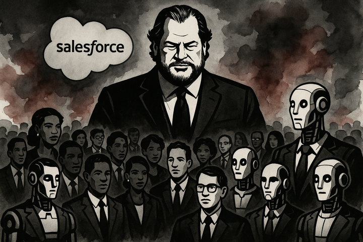 Marc Benioff presides over a crowd split evenly between diverse human workers and humanoid AI agents, in a stylized vector noir and watercolor scene.
