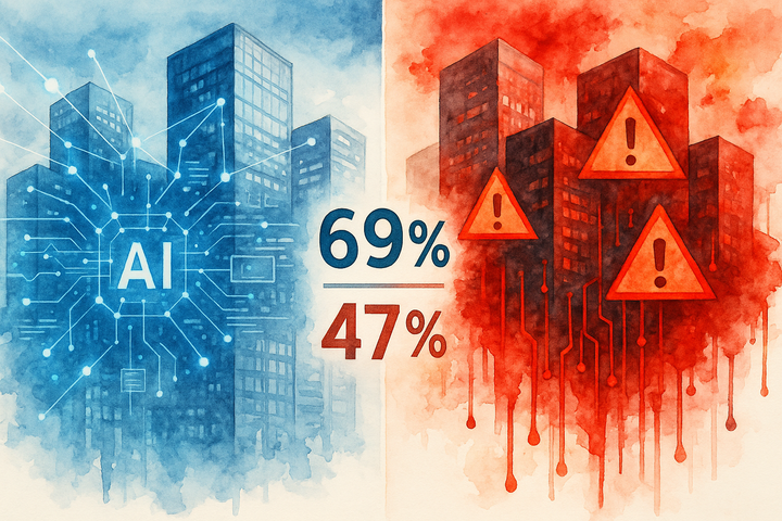 Watercolor image split in half: left side shows blue-toned smart buildings with glowing AI circuits and “69%”; right side shows red buildings leaking data with warning signs and “47%” below.