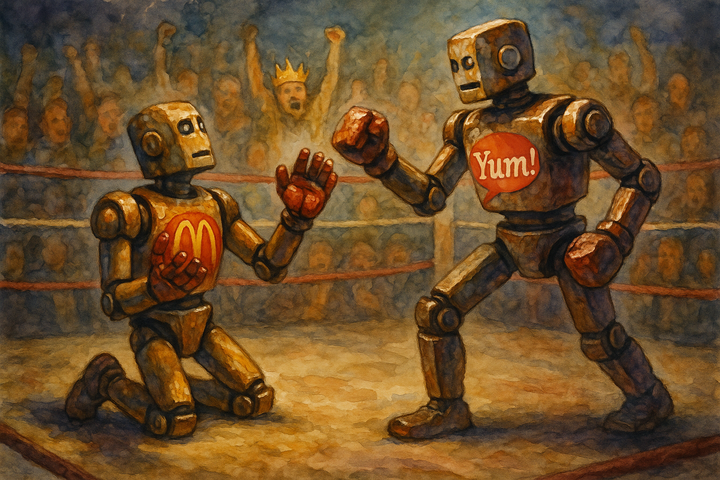 Watercolor painting of a robot boxing match where a Yum-branded robot stands victorious as a McDonald’s robot kneels, pleading, in a cheering arena with a crowned human spectator.