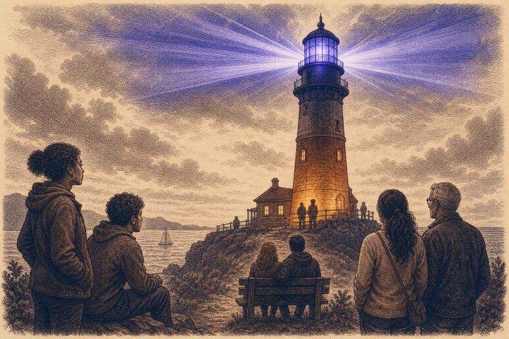 Vintage steel engraving of a lighthouse with two distinct light sources at night.