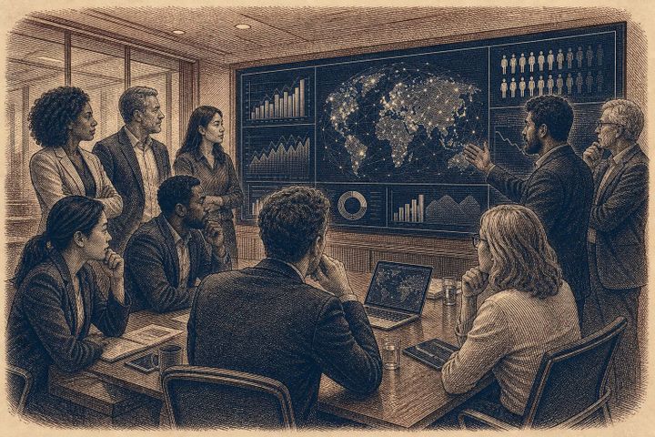 Vintage steel engraving of a dramatic boardroom with executives around a table and glowing data screens.