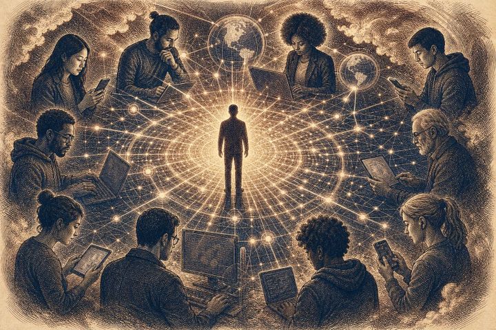 Vintage steel engraving of a human silhouette at the center of an AI network with radiating connection nodes.