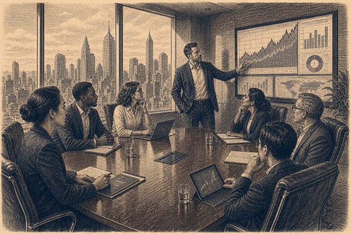 Vintage steel engraving of a modern boardroom with city skyline and financial data screens.