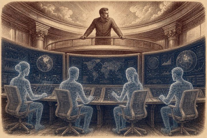 Vintage steel engraving of translucent AI figures at workstations overseen by a human in a command center.