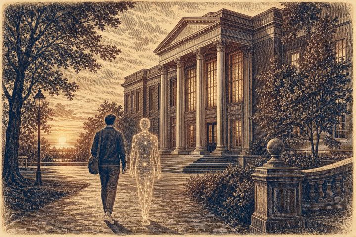 Vintage steel engraving of Harvard library with a human and glowing AI figure approaching together.
