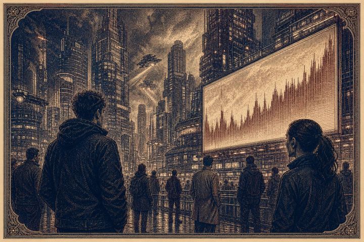 Vintage steel engraving of a cyberpunk city skyline with glowing skyscrapers.
