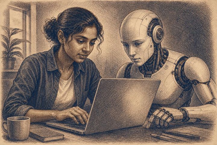 Vintage steel engraving of an Indian woman engineer and an AI robot pair programming at a laptop.