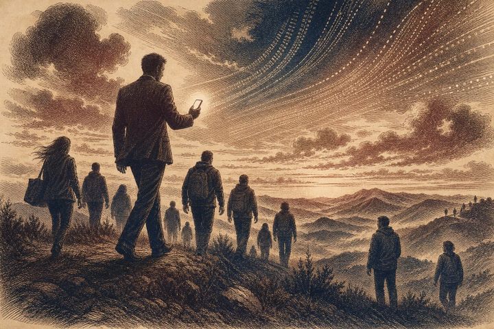 Vintage steel engraving of silhouetted workers walking across misty hills at dusk.