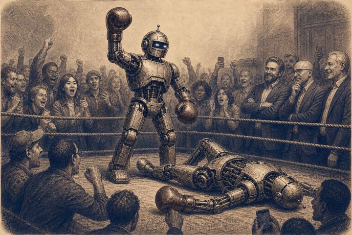 Vintage steel engraving of a robot boxing match with cheering crowd and executives.