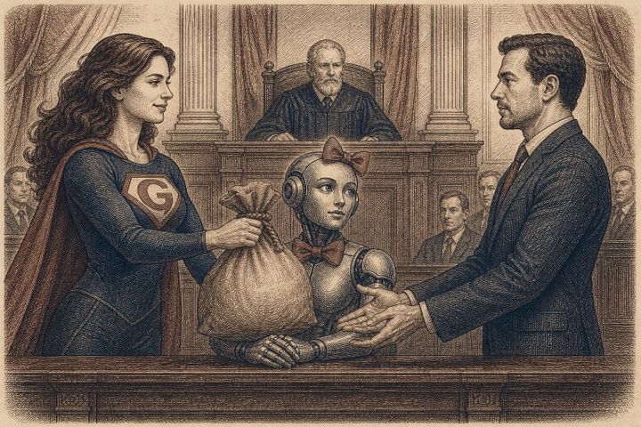 Vintage steel engraving of a superhero woman handing a money bag to a businessman with an AI robot between them.
