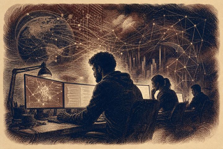 Vintage steel engraving of silhouetted tech workers at glowing screens in a dark office.