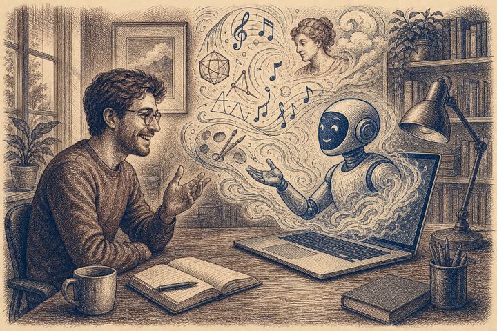 Vintage steel engraving of an office worker with ChatGPT, equations and art swirling from a laptop.