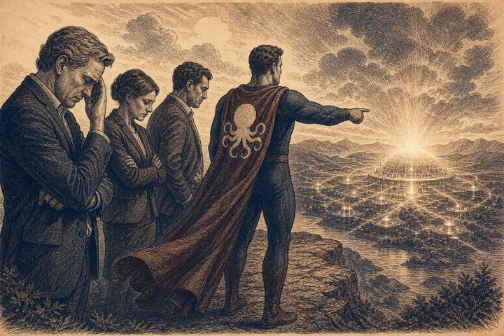 Vintage steel engraving of regretful executives with a superhero pointing toward an AI hub.