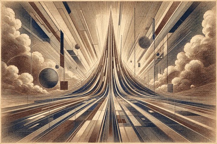 Vintage steel engraving of converging light lines forming a towering peak of digital transformation.