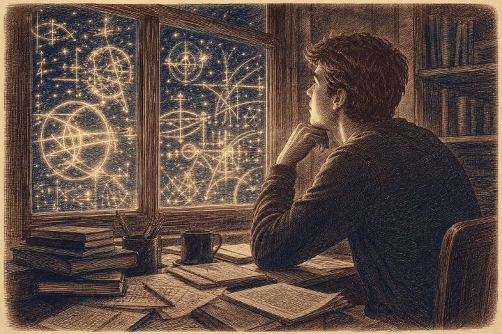 Vintage steel engraving of a young man studying glowing equations written on a window.