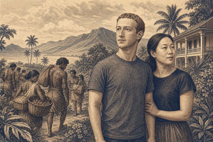 Vintage steel engraving of Mark Zuckerberg and Priscilla Chan on a Hawaiian estate with displaced figures in the background.
