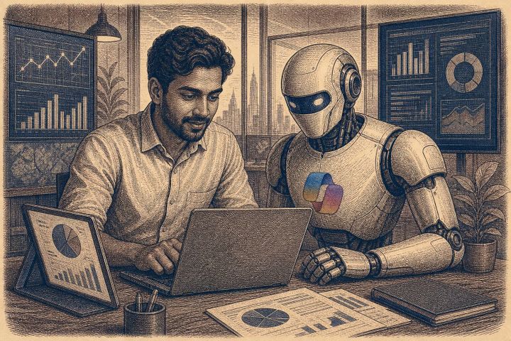 Vintage steel engraving of a South Asian man and a robot collaborator working at a laptop.