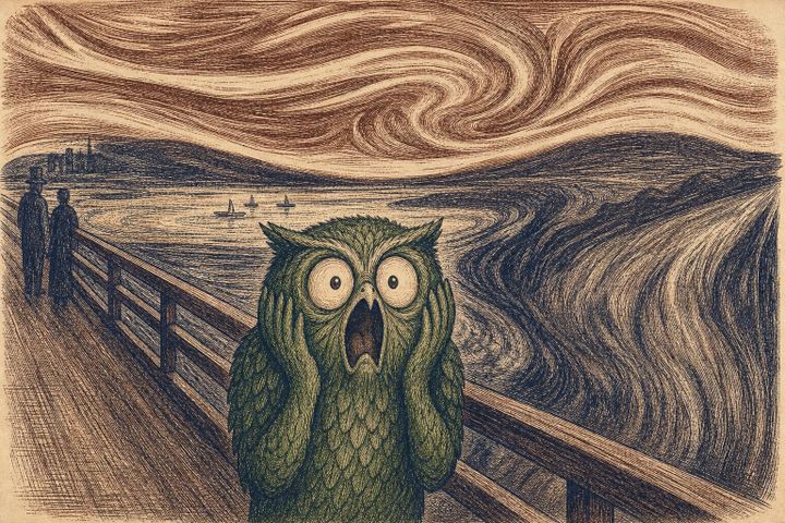 Vintage steel engraving of a green owl screaming on a bridge in the style of The Scream.