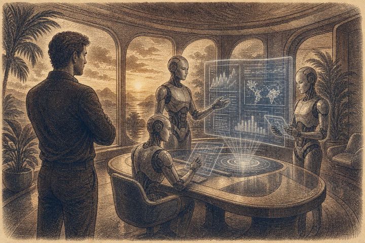 Vintage steel engraving of a man supervising three humanoid AI agents in a futuristic curved office.
