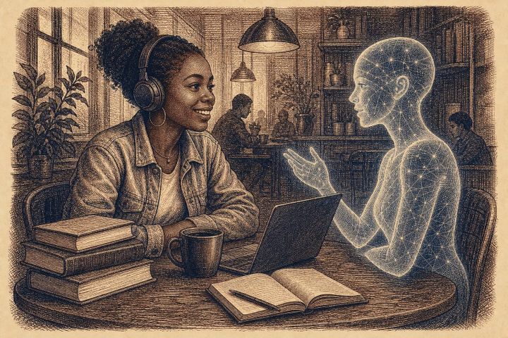 Vintage steel engraving of a young Black woman wearing headphones smiling at a glowing AI presence in a cafe.