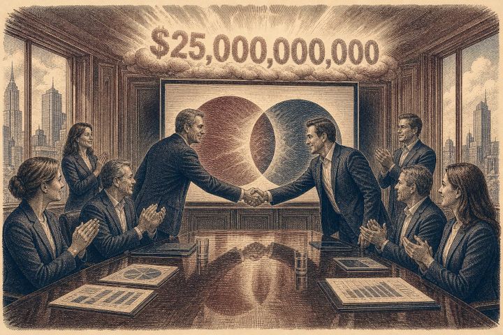 Vintage steel engraving of a dramatic corporate boardroom with executives shaking hands and data charts.