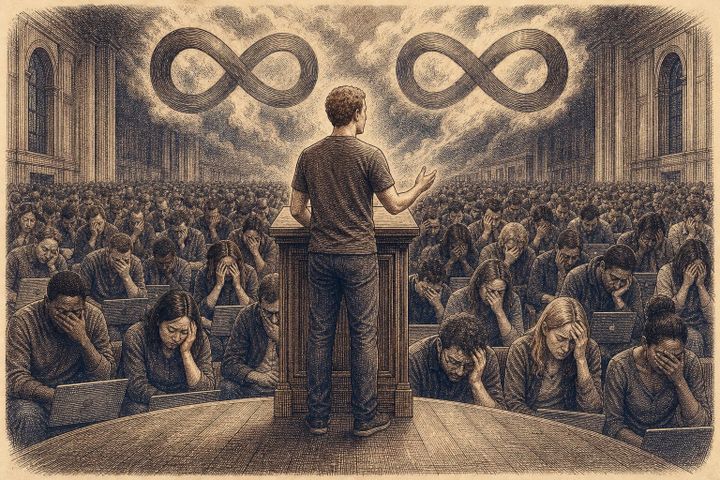 Vintage steel engraving of Mark Zuckerberg at a lectern facing a vast hall of distressed employees with infinity symbols above.