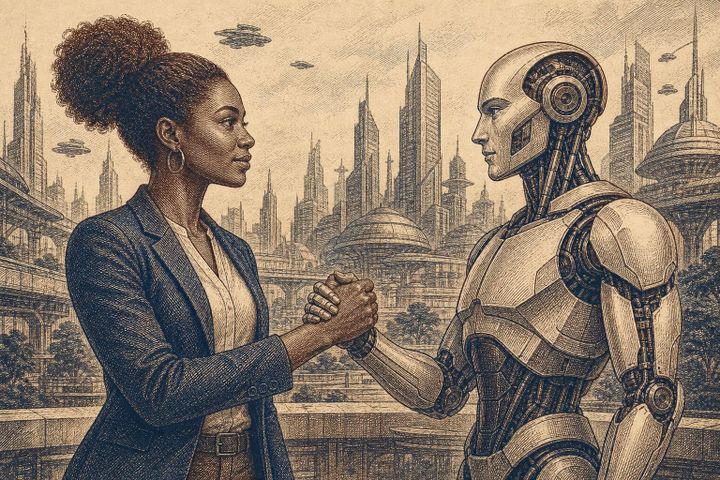 Vintage steel engraving of a woman and humanoid AI robot facing each other in a futuristic cityscape.