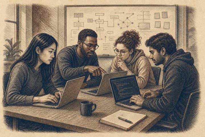 Vintage steel engraving of four diverse software engineers coding around a table with a whiteboard.