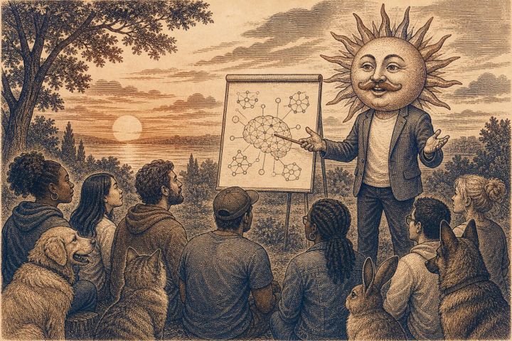 Vintage steel engraving of a Sun character giving a presentation to a diverse audience outdoors.
