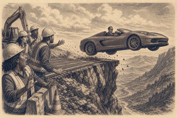 Vintage steel engraving of a business executive driving a sports car off a finished road into rough terrain.