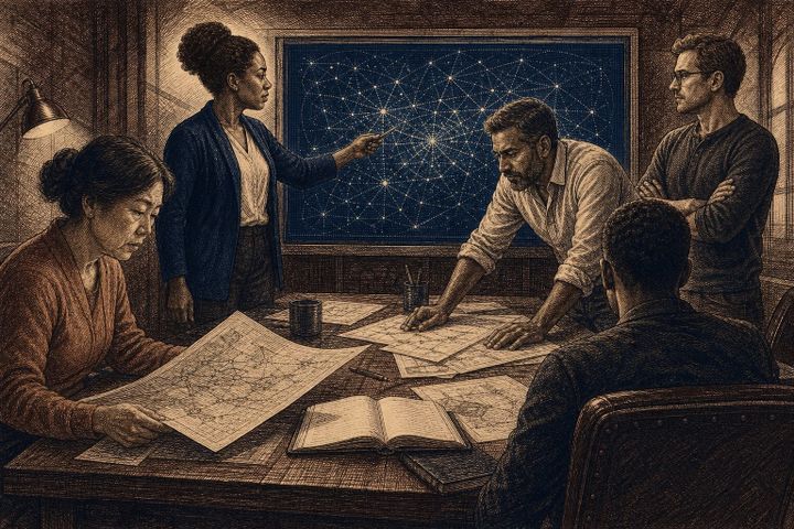 Five diverse professionals around a conference table with papers and a glowing network diagram. Vintage etching style, collaborative atmosphere.