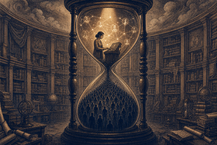 Vintage engraving: solo founder at console inside hourglass, team silhouettes filling lower chamber.
