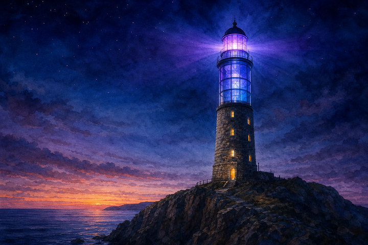 A lighthouse with warm amber light in its lower section and violet-blue light radiating from its modern upper section