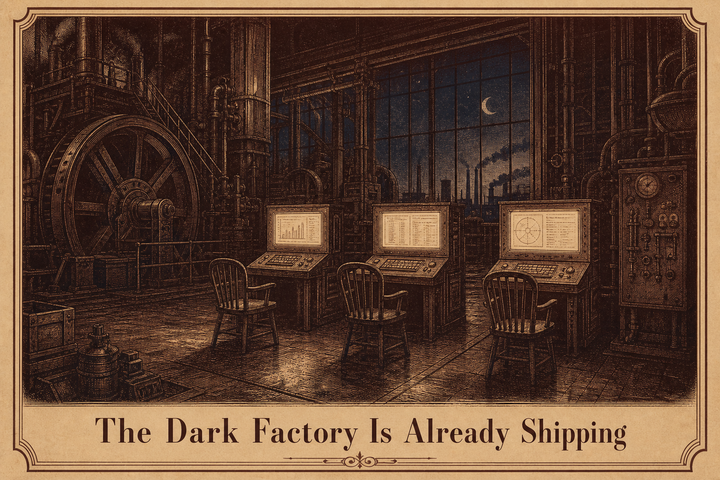 Vintage engraving of an empty factory floor with three glowing terminals