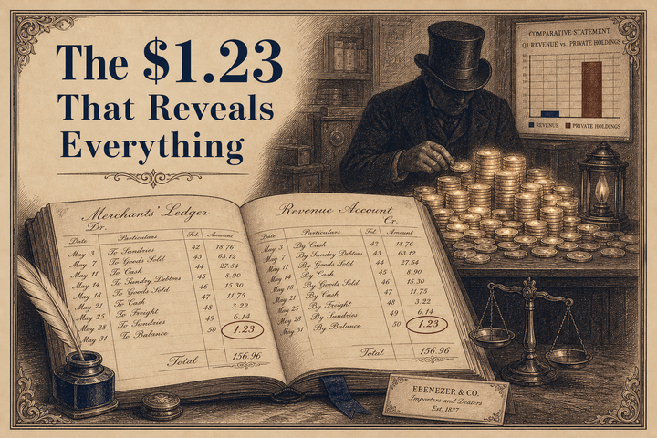 Vintage engraving of a ledger where hidden token piles dwarf the revenue column