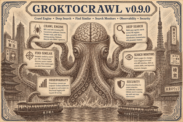A vintage steel engraving of a kaiju octopus with an exposed brain rising from Tokyo Harbor, six tentacles holding engraved feature signs for GroktoCrawl v0.9.0