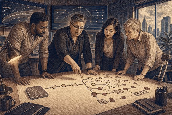 Four quality and engineering leaders trace an agentic workflow across a conference table.