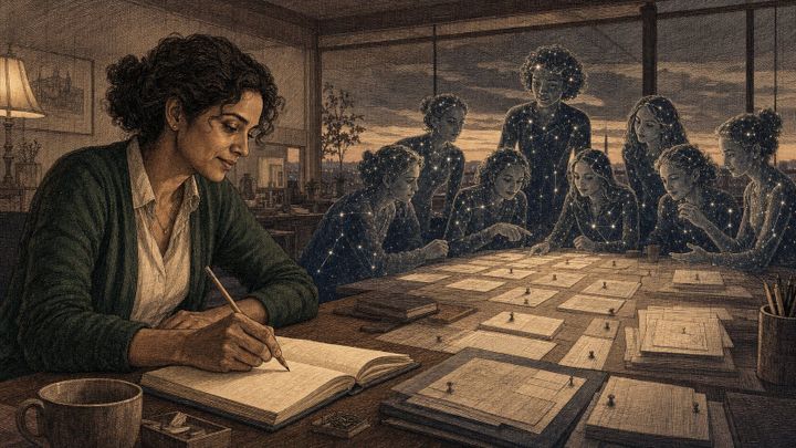 Founder records a decision while a visible team of AI coworkers organizes work around a shared table.