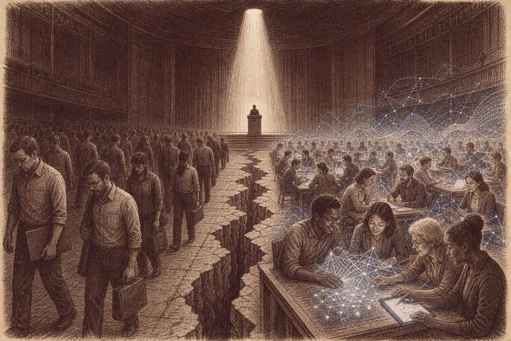 Vintage engraving of a divided auditorium — workers on one side displaced by mechanical figures, on the other collaborating with luminous data-forms, a silhouetted leader at a distant podium